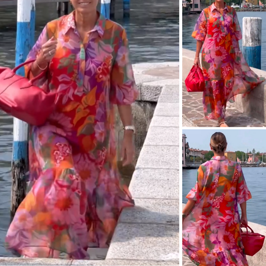 🎉🛍️Édition limitée d'été👗Robe en mousseline de soie à imprimé floral rouge