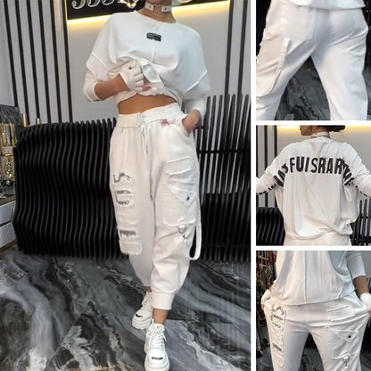 🔥Dernières soldes de printemps🔥 Haut décontracté pour femme avec impression de lettres et pantalon (ensemble 2 pièces)