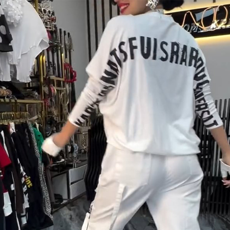 🔥Dernières soldes de printemps🔥 Haut décontracté pour femme avec impression de lettres et pantalon (ensemble 2 pièces)