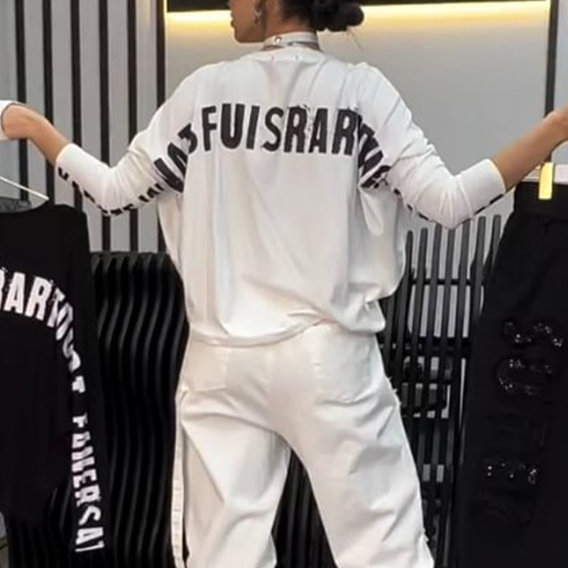 🔥Dernières soldes de printemps🔥 Haut décontracté pour femme avec impression de lettres et pantalon (ensemble 2 pièces)