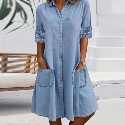 🎁53 % de réduction🔥Mini-robe bleue simple en denim avec col et dentelle