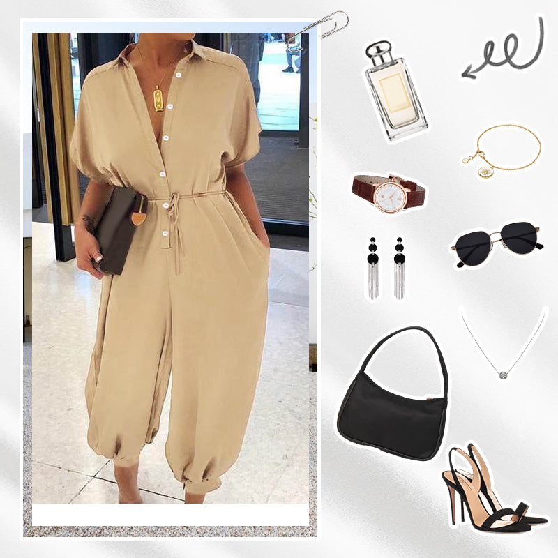 💜✨Combinaison ample décontractée à manches courtes et boutons pour femme