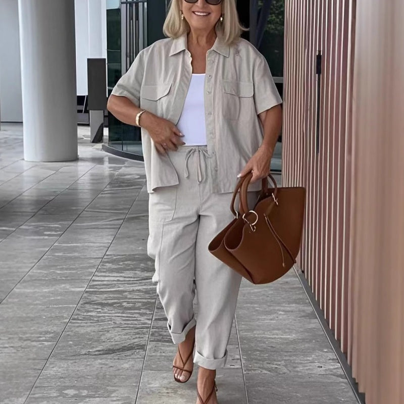 🌈55% de réduction☀️Ensemble chemise à manches courtes et pantalon ample en coton et lin🩳