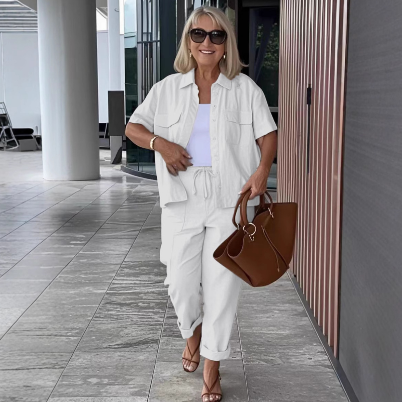 🌈55% de réduction☀️Ensemble chemise à manches courtes et pantalon ample en coton et lin🩳
