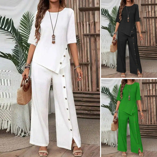 Ensemble deux pièces asymétrique 👗 : Haut asymétrique + Pantalon à boutonnage simple — Coupe ample et respirante 🛍️