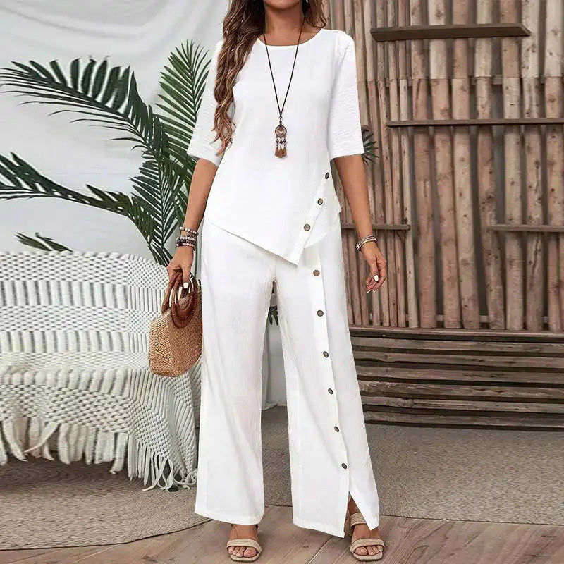 Ensemble deux pièces asymétrique 👗 : Haut asymétrique + Pantalon à boutonnage simple — Coupe ample et respirante 🛍️