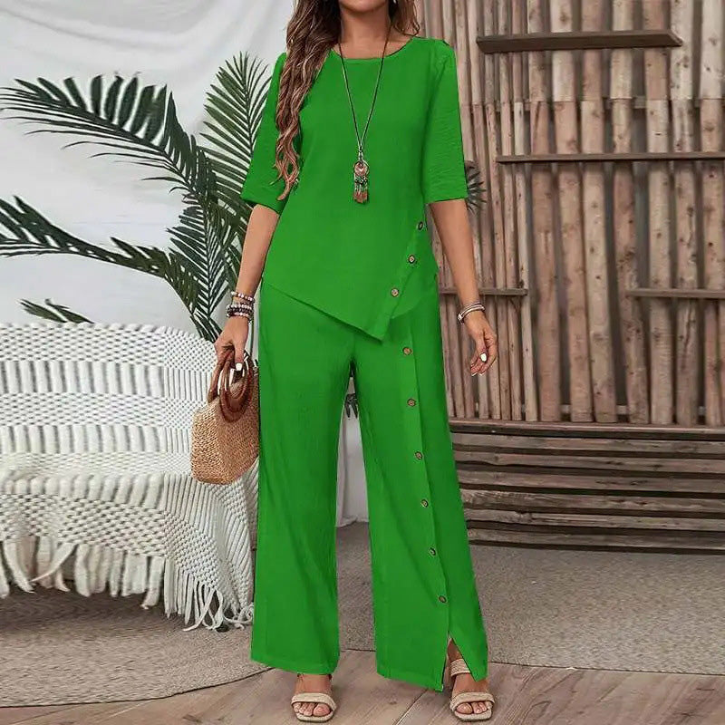 Ensemble deux pièces asymétrique 👗 : Haut asymétrique + Pantalon à boutonnage simple — Coupe ample et respirante 🛍️