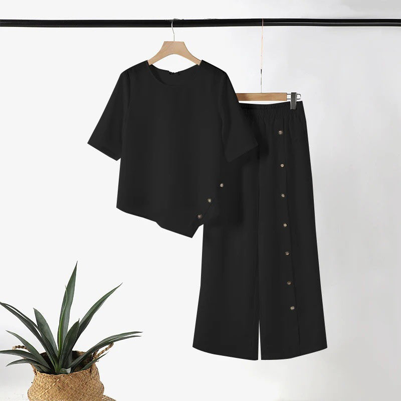 Ensemble deux pièces asymétrique 👗 : Haut asymétrique + Pantalon à boutonnage simple — Coupe ample et respirante 🛍️