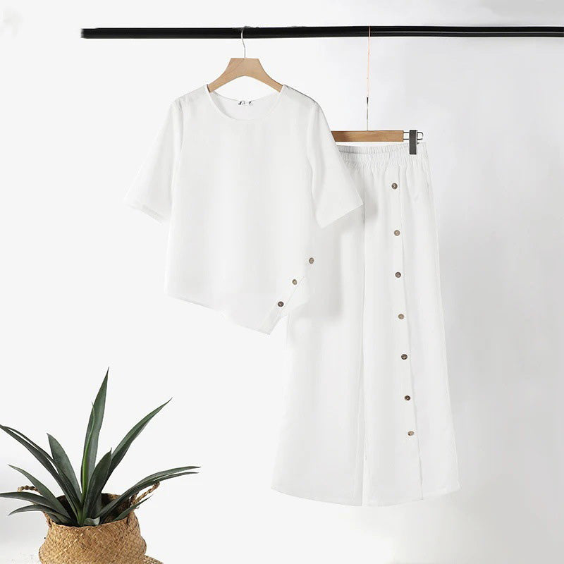 Ensemble deux pièces asymétrique 👗 : Haut asymétrique + Pantalon à boutonnage simple — Coupe ample et respirante 🛍️