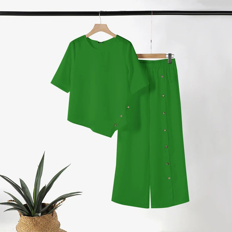 Ensemble deux pièces asymétrique 👗 : Haut asymétrique + Pantalon à boutonnage simple — Coupe ample et respirante 🛍️