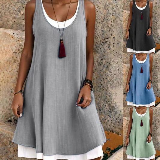 🔥Soldes d'été🔥Robe débardeur décontractée, ample et sans manches, au look superposé pour femme