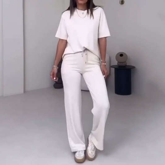 ✨55% de réduction✨Top uni pour dames avec manches courtes ＆ Ensemble deux pièces avec pantalon