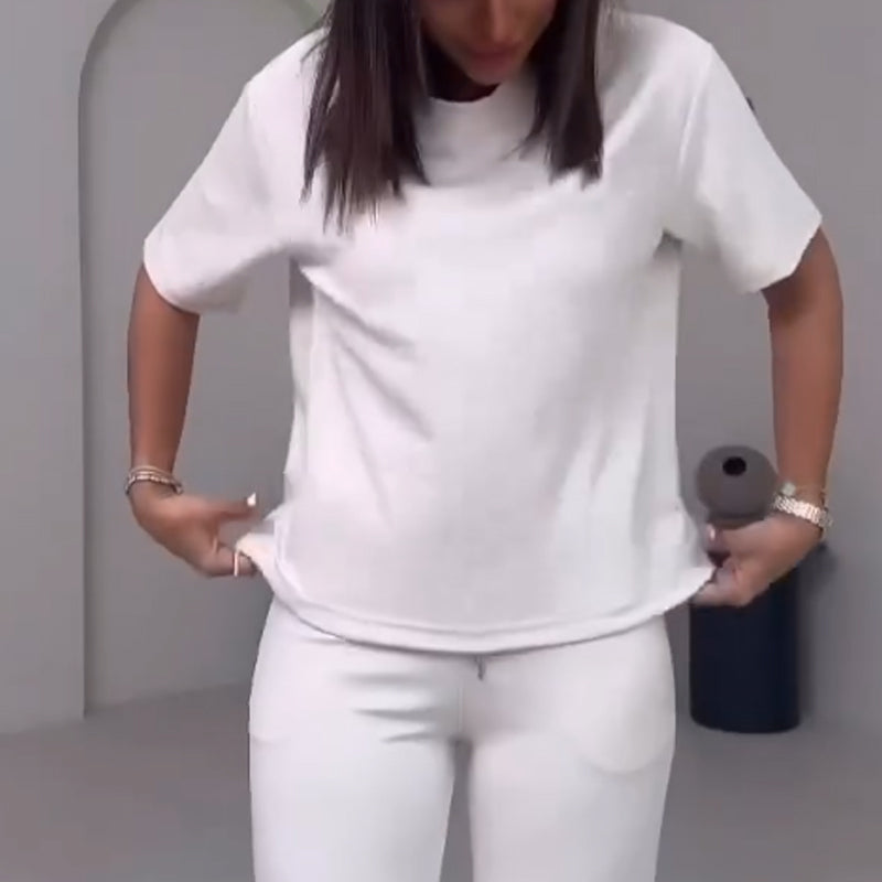 ✨55% de réduction✨Top uni pour dames avec manches courtes ＆ Ensemble deux pièces avec pantalon