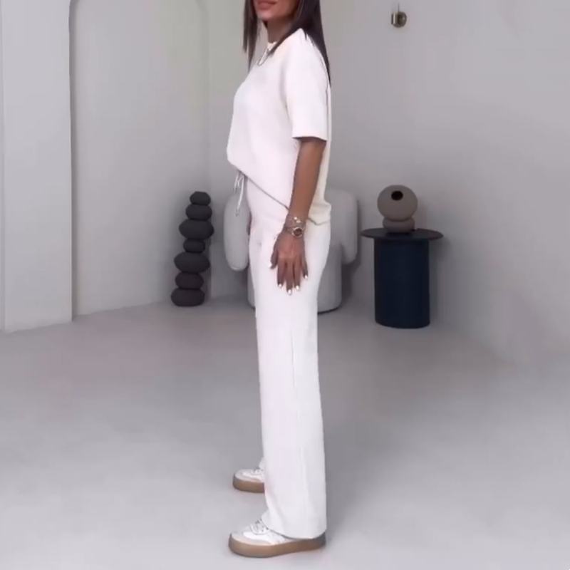 ✨55% de réduction✨Top uni pour dames avec manches courtes ＆ Ensemble deux pièces avec pantalon