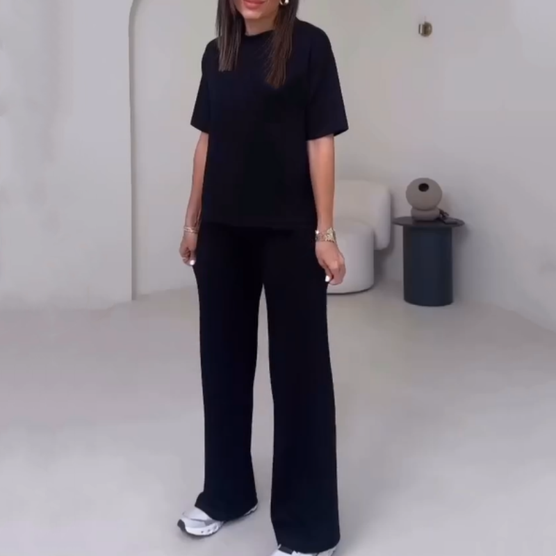 ✨55% de réduction✨Top uni pour dames avec manches courtes ＆ Ensemble deux pièces avec pantalon