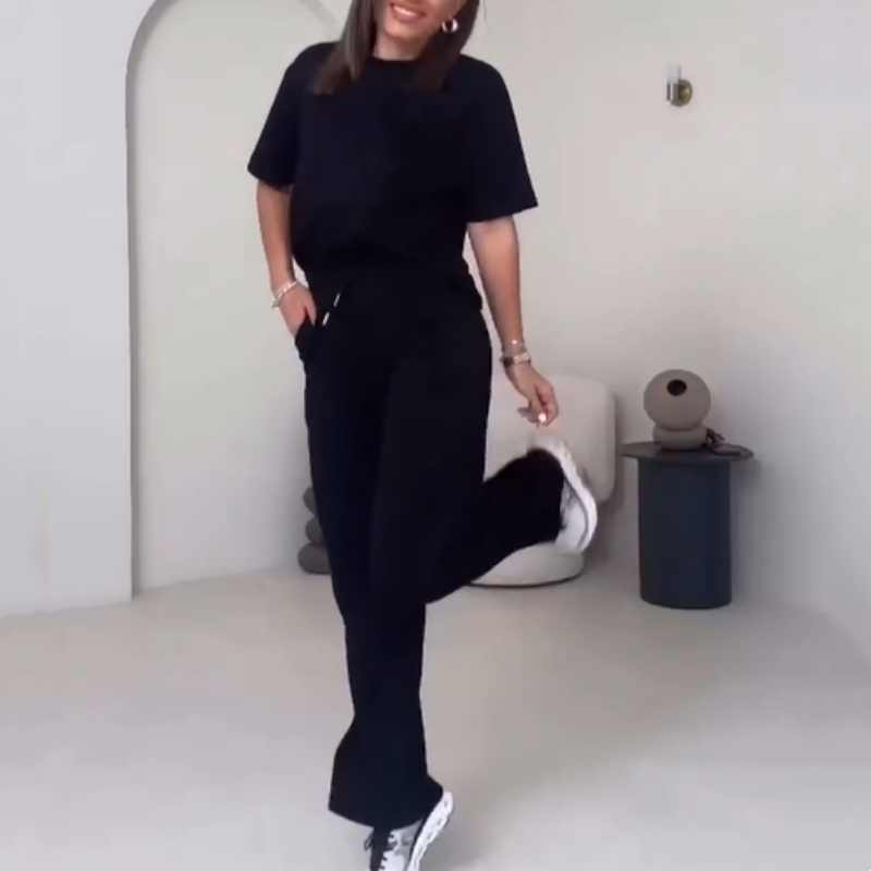 ✨55% de réduction✨Top uni pour dames avec manches courtes ＆ Ensemble deux pièces avec pantalon