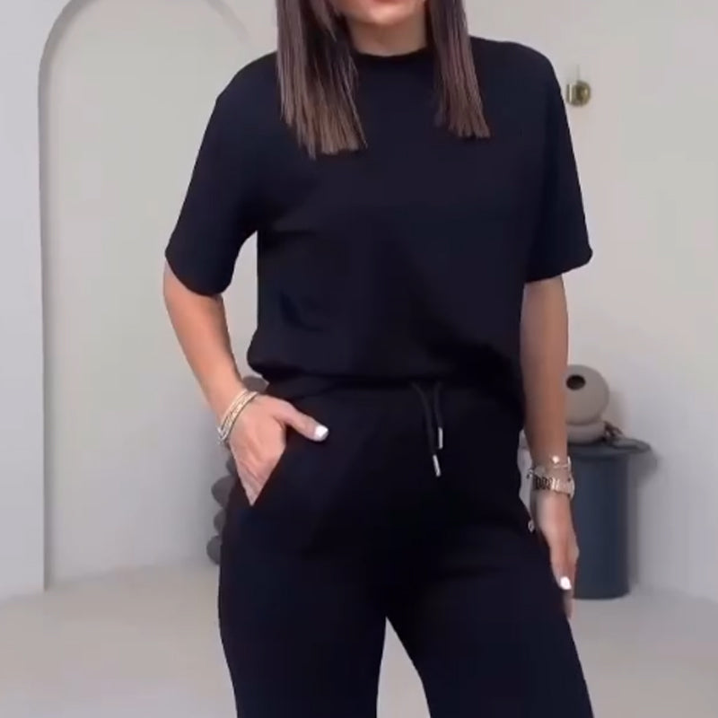 ✨55% de réduction✨Top uni pour dames avec manches courtes ＆ Ensemble deux pièces avec pantalon
