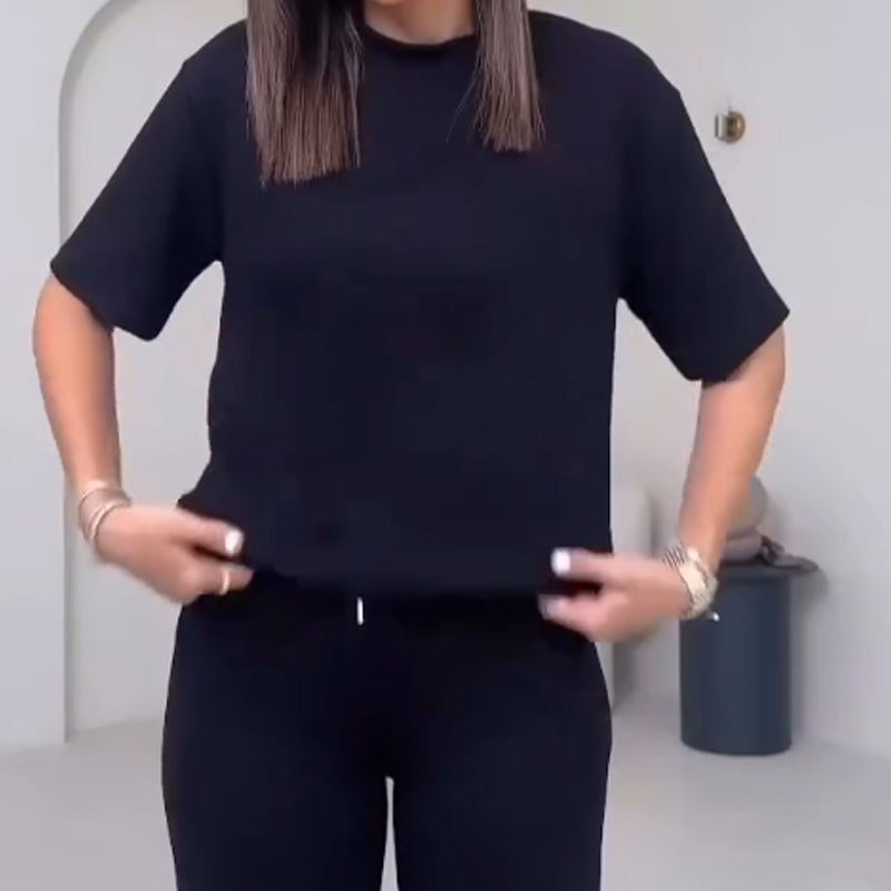 ✨55% de réduction✨Top uni pour dames avec manches courtes ＆ Ensemble deux pièces avec pantalon
