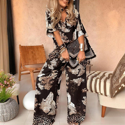 👚 50 % DE RÉDUCTION ! 🌸 Ensemble décontracté imprimé à col en V pour femme – Doux et respirant – Haut à col en V et pantalon long 🍃