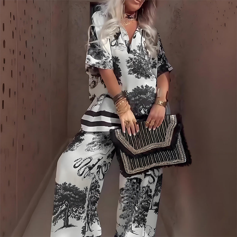 👚 50 % DE RÉDUCTION ! 🌸 Ensemble décontracté imprimé à col en V pour femme – Doux et respirant – Haut à col en V et pantalon long 🍃