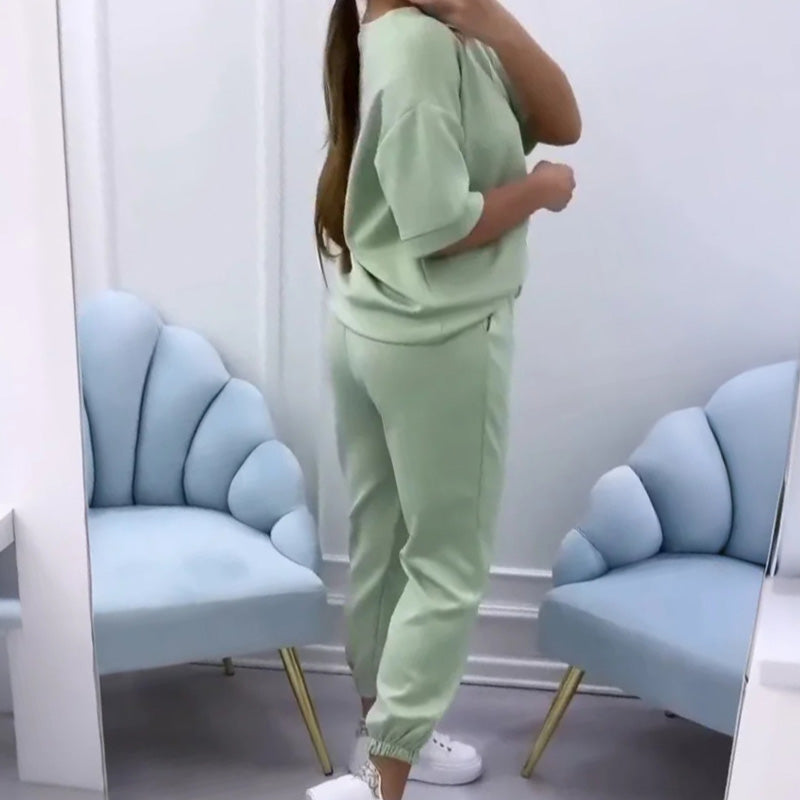 Nouveautés - Promotions🔥Ensemble haut et pantalon décontractés de couleur unie pour femme