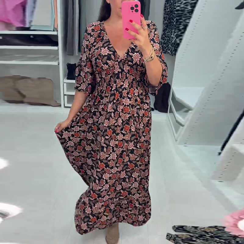 Robe longue imprimée à col en V et manches 3/4