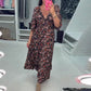 Robe longue imprimée à col en V et manches 3/4