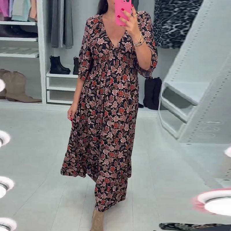 Robe longue imprimée à col en V et manches 3/4