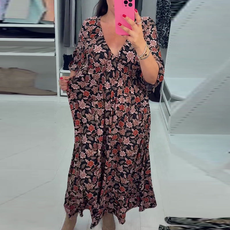 Robe longue imprimée à col en V et manches 3/4