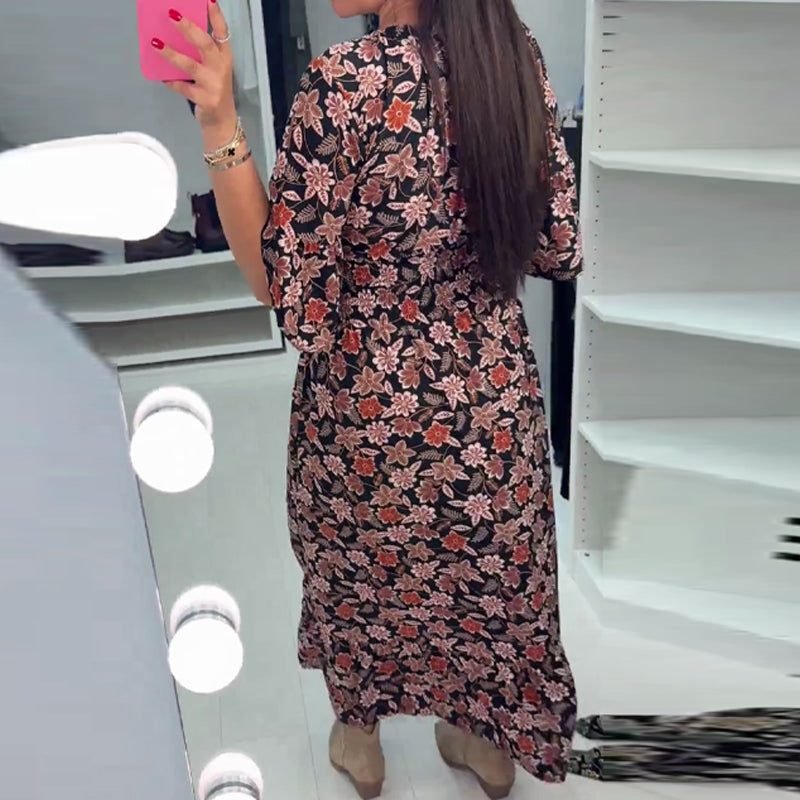 Robe longue imprimée à col en V et manches 3/4