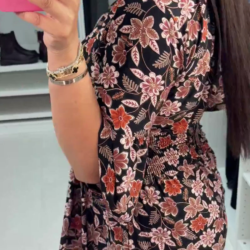 Robe longue imprimée à col en V et manches 3/4