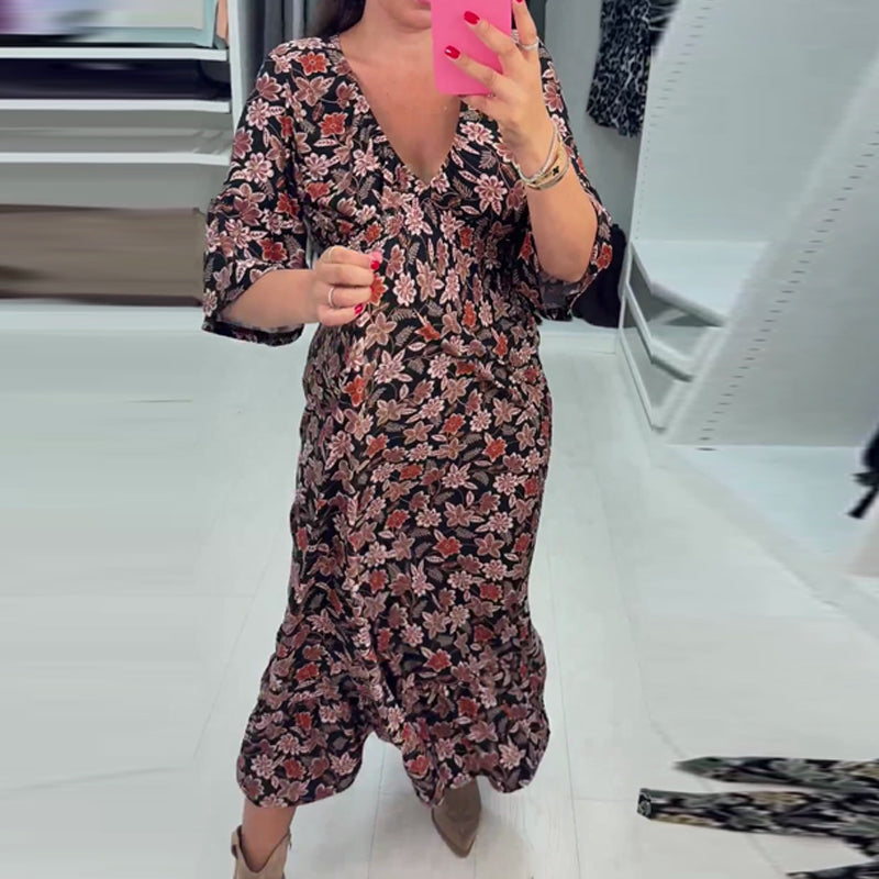 Robe longue imprimée à col en V et manches 3/4
