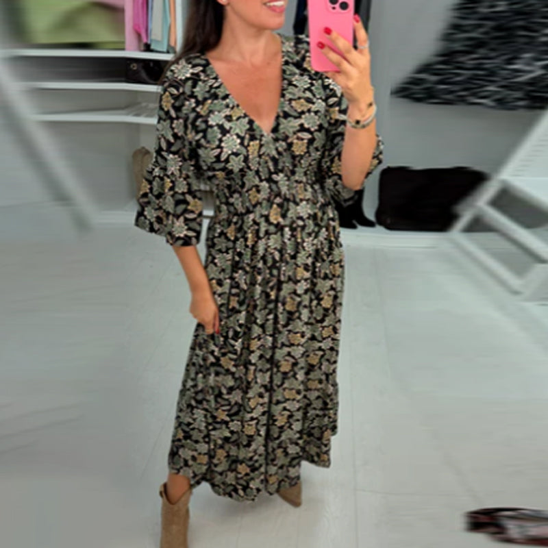 Robe longue imprimée à col en V et manches 3/4