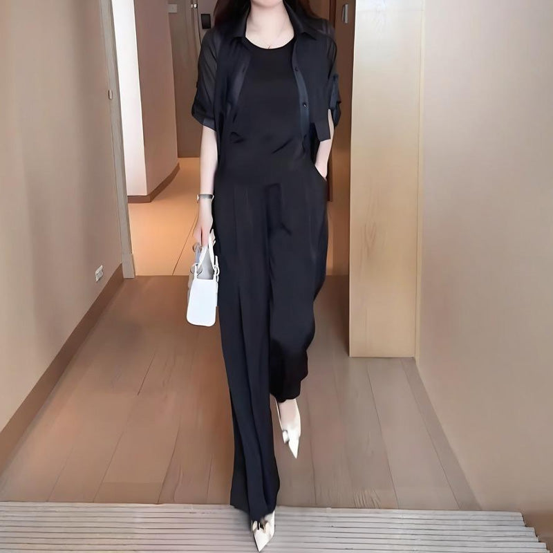 Ensemble 3 pièces femme : veste chemise, débardeur et pantalon