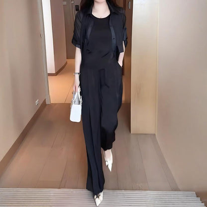Ensemble 3 pièces femme : veste chemise, débardeur et pantalon