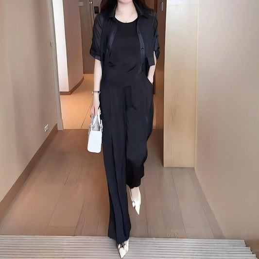 Ensemble 3 pièces femme : veste chemise, débardeur et pantalon