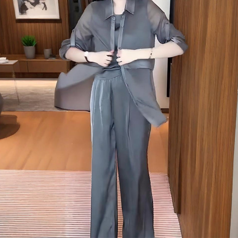 Ensemble 3 pièces femme : veste chemise, débardeur et pantalon