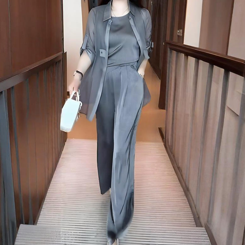 Ensemble 3 pièces femme : veste chemise, débardeur et pantalon