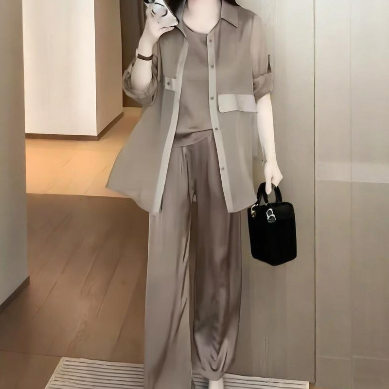 Ensemble 3 pièces femme : veste chemise, débardeur et pantalon