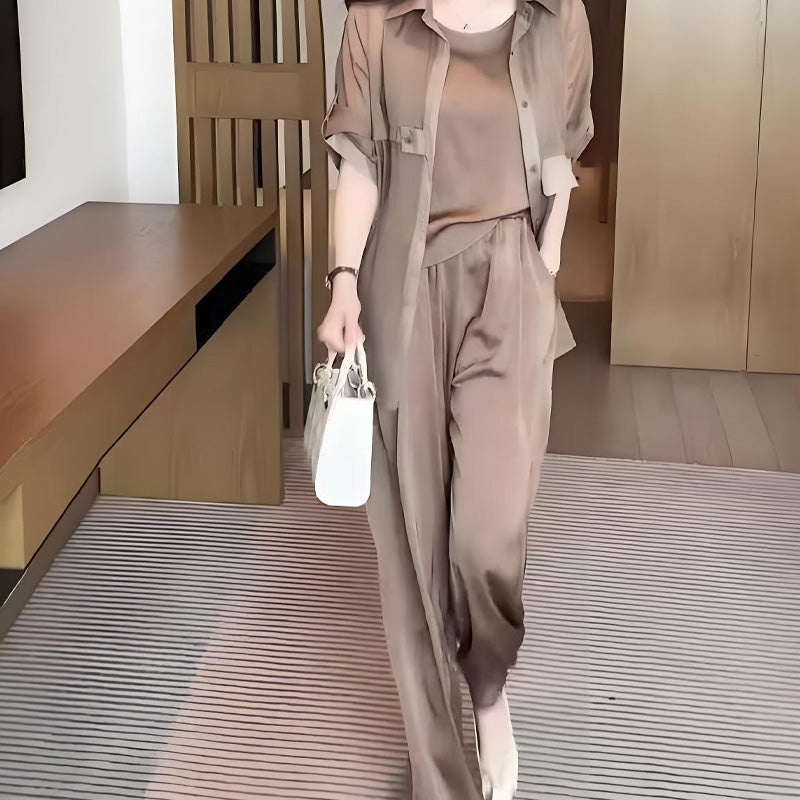 Ensemble 3 pièces femme : veste chemise, débardeur et pantalon