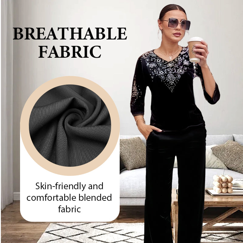 💃Nouveau design 2025🔥Ensemble top et pantalon en velours avec strass pour femme