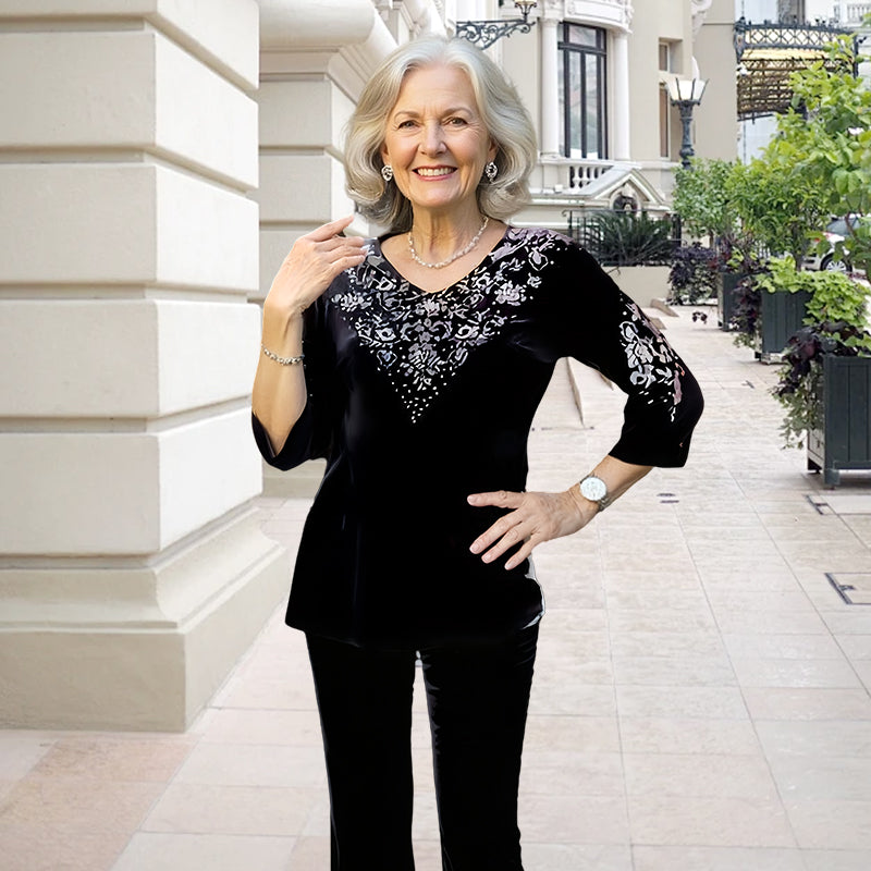 💃Nouveau design 2025🔥Ensemble top et pantalon en velours avec strass pour femme