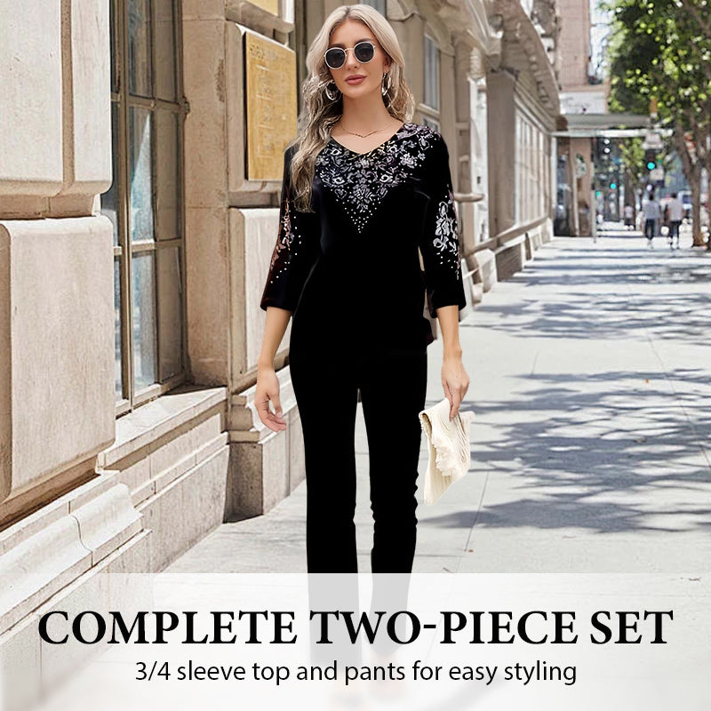 💃Nouveau design 2025🔥Ensemble top et pantalon en velours avec strass pour femme