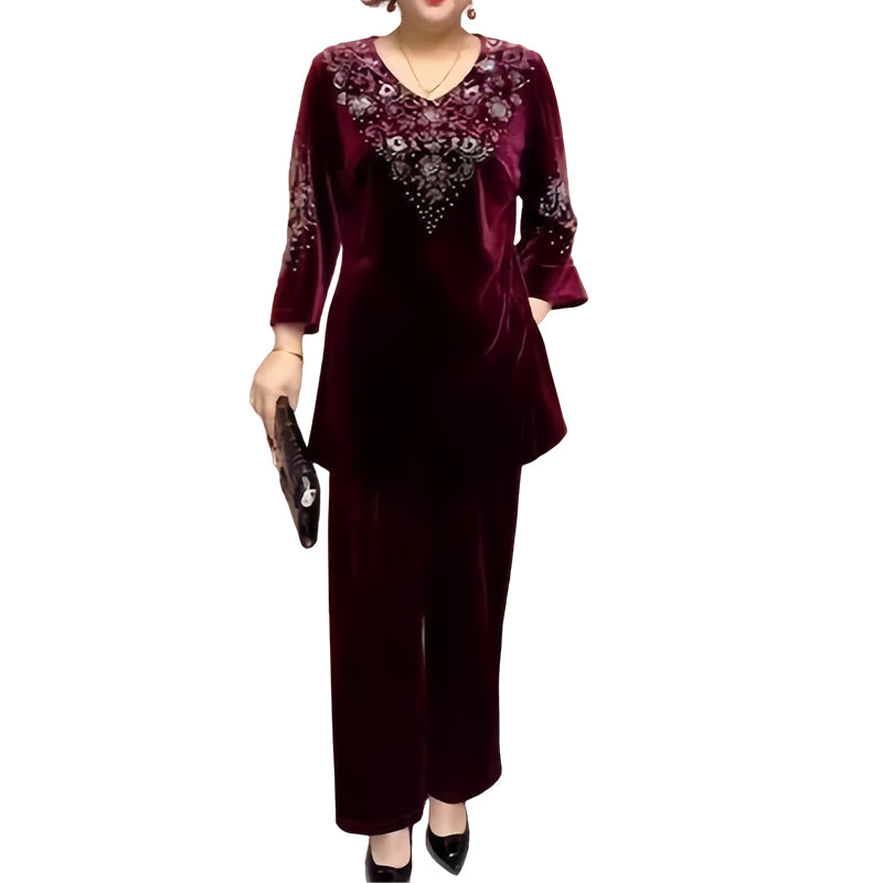 💃Nouveau design 2025🔥Ensemble top et pantalon en velours avec strass pour femme