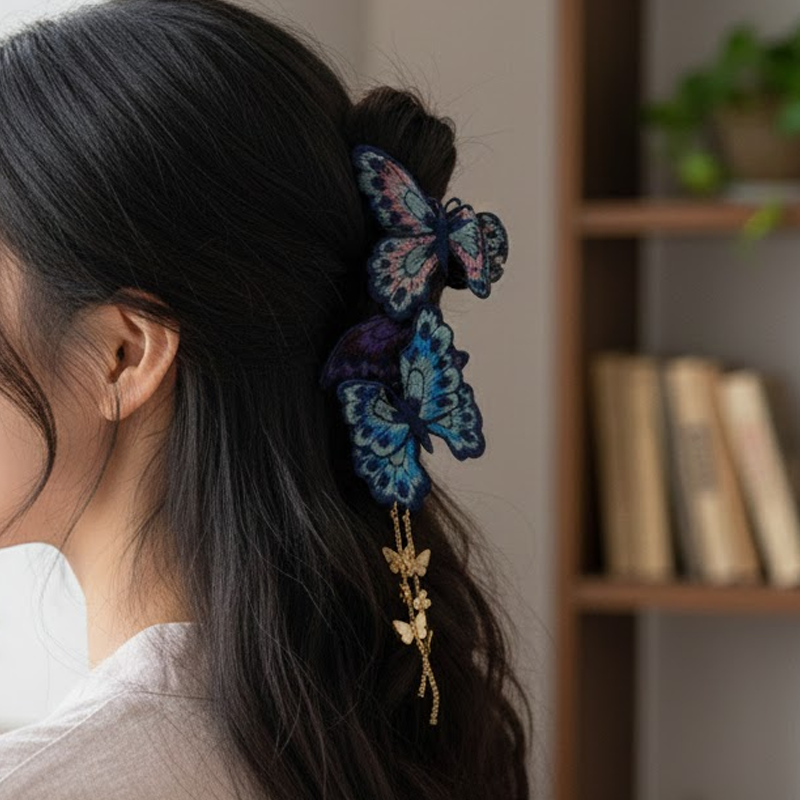 🎅 Exclusief Sinterklaasvoordeel!50% KORTING✨ Exclusief Elegante Vintage Vlinder Haarclip – Borduurde Details & Dansende Bedeltjes (Uniek Gracieus Kapsel Accessoire voor Onvergetelijke Stijl!)