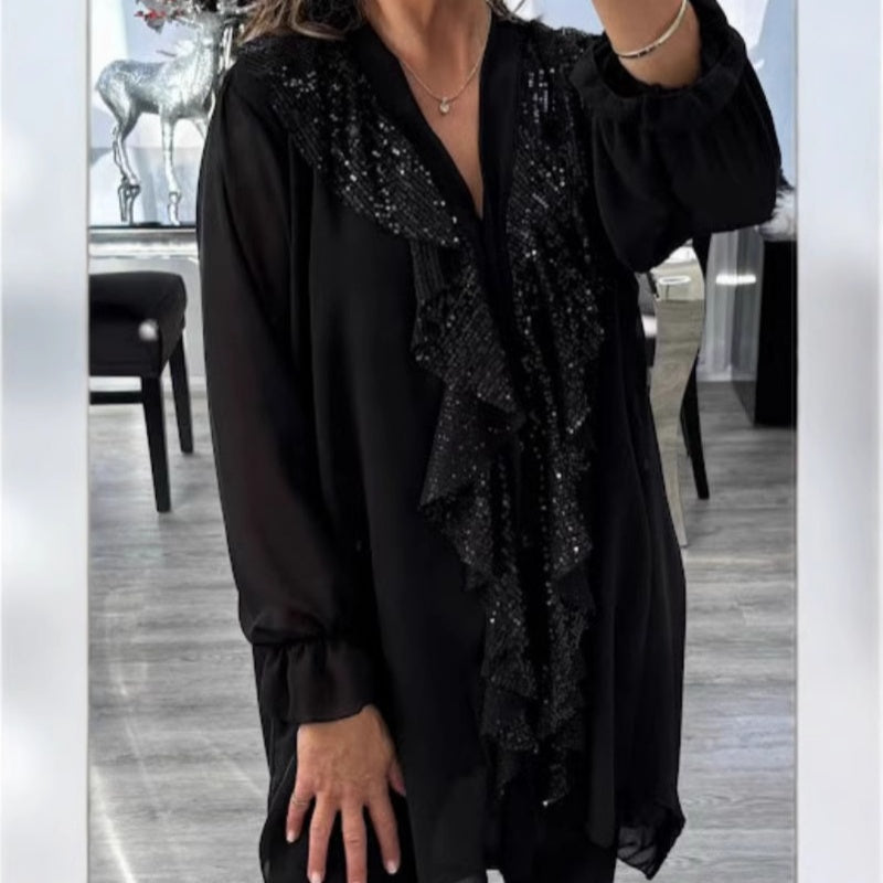 📢📢60 % de réduction !!!🎅Chemise à manches longues à col en V en mousseline et paillettes pour femmes