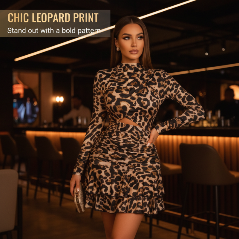 📢📢 60 %  DE RÉDUCTION !! ✨2026Mini-robe froncée à imprimé léopard pour femme