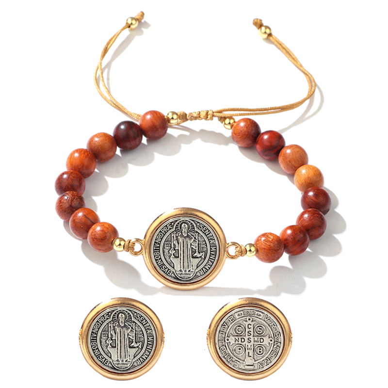 🛡️Le compagnon d'un gardien✨Bracelet Saint-Benoît en perles de bois naturel🎁Ajustable, convient aux hommes et aux femmes