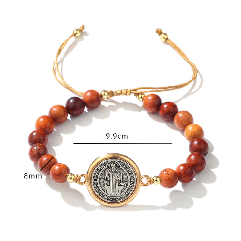 🛡️Le compagnon d'un gardien✨Bracelet Saint-Benoît en perles de bois naturel🎁Ajustable, convient aux hommes et aux femmes