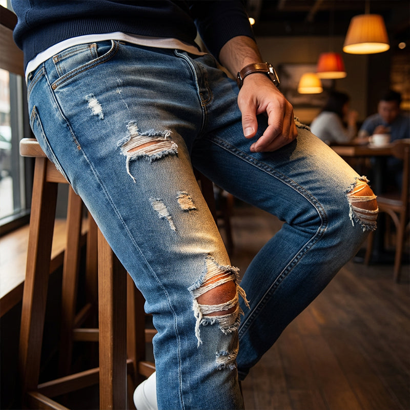 👖60 % DE RÉDUCTION ! 🔥 Jean skinny délavé stylé pour homme – Coupe slim fuselée, coton respirant et détails déchirés tendance